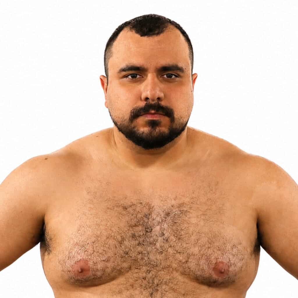 Close-up of a sumo wrestler with a serious expression.